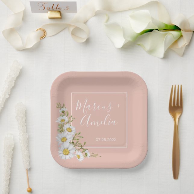 Modern  Blush & White Daisies Wedding  Paper Plate (Wedding)