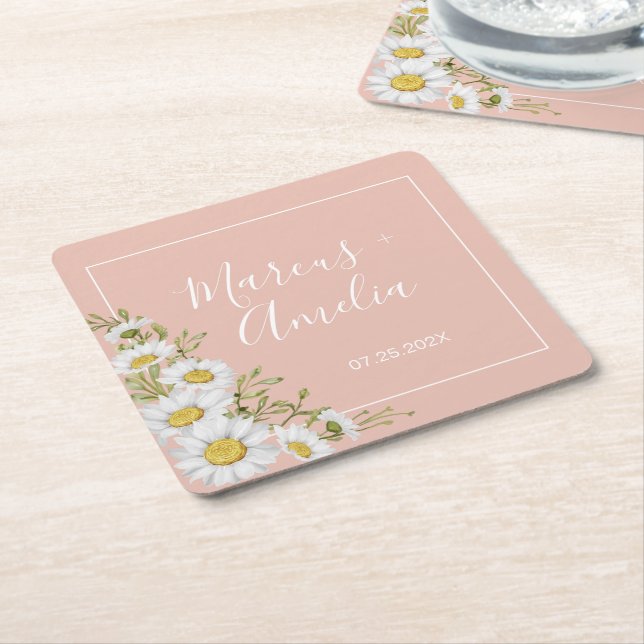 Modern  Blush & White Daisies Wedding  Square Paper Coaster (Angled)