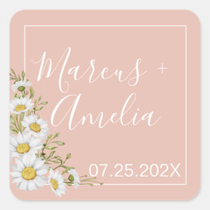 Modern  Blush & White Daisies Wedding  Square Sticker