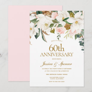 Modern Blush White Floral 60th Wedding Anniversary Invitation