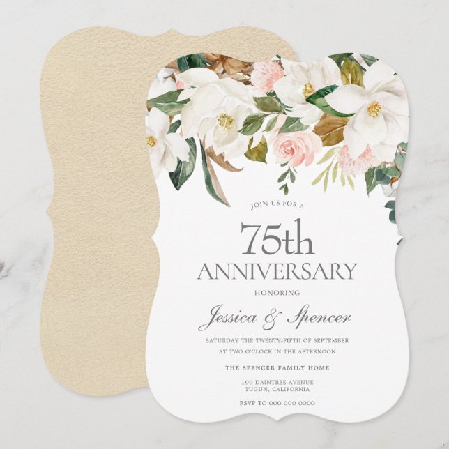 Modern Blush White Floral 75th Wedding Anniversary Invitation (Front/Back)