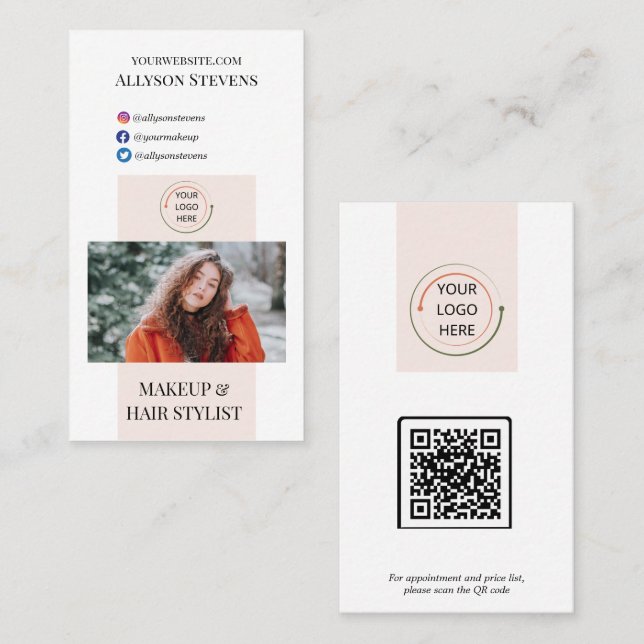 Modern Blush White Makeup Hair Photo QR Code Business Card (Front/Back)