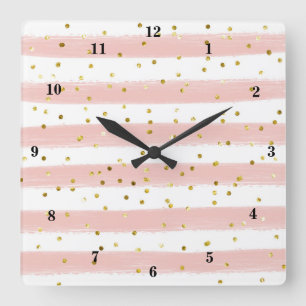 Modern Blush, White, Stripes, Gold Confetti Clock