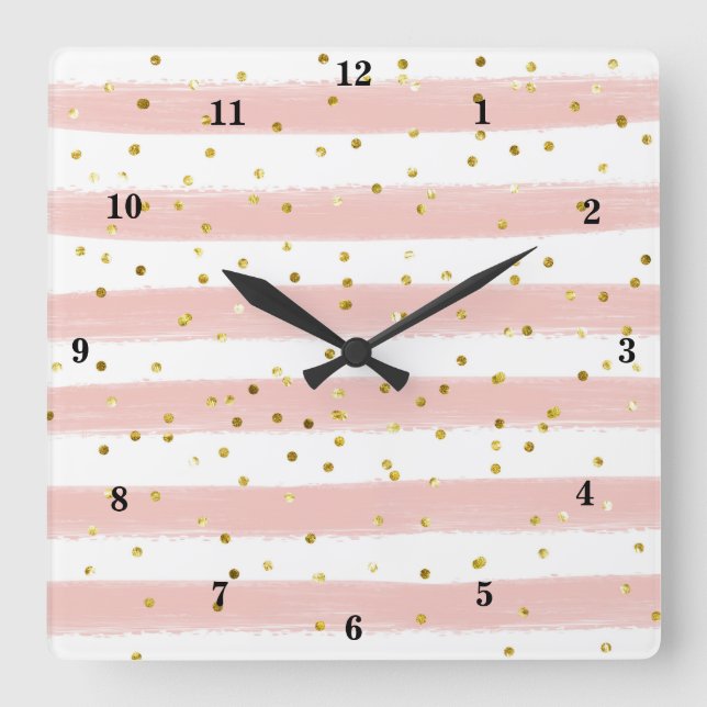 Modern Blush, White, Stripes, Gold Confetti Clock (Front)