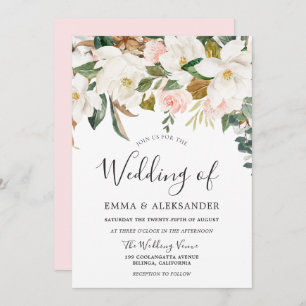 Modern Blush & White Watercolor Flowers Wedding Invitation