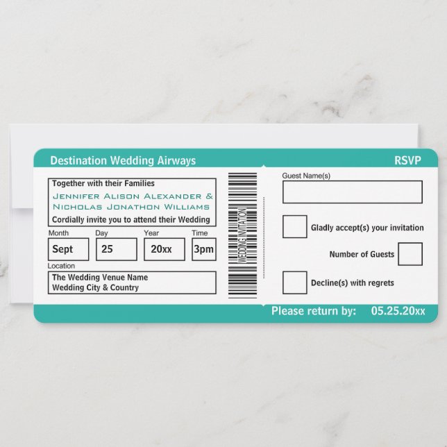 Modern Boarding Pass Destination Wedding Invites (Front)