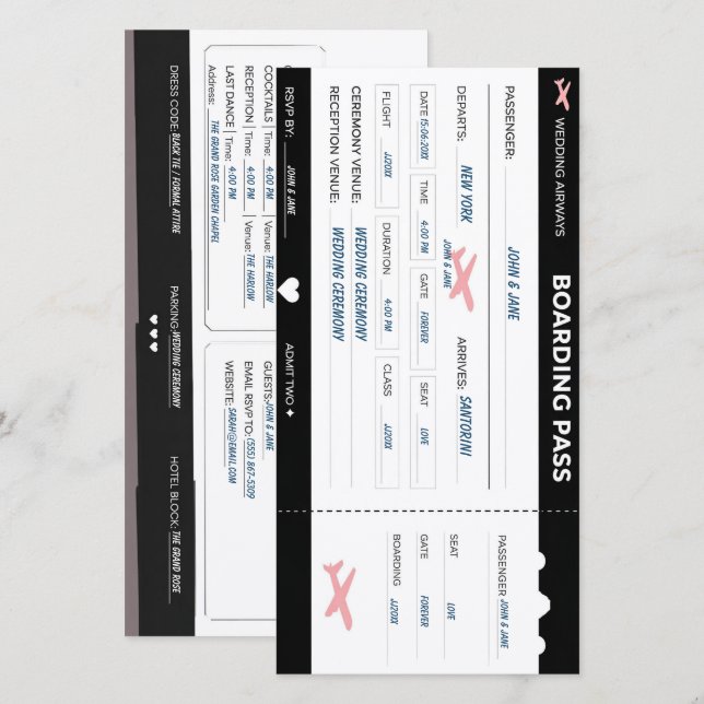 Modern Boarding Pass Wedding Invite Customisable (Front/Back)