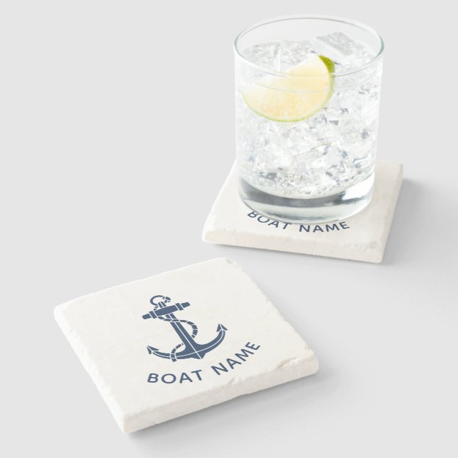 Modern Boat Anchor and Name Beach Trip Custom Stone Coaster (Side)
