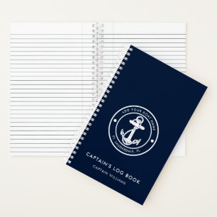 Modern Boat Anchor and Name Navy Blue Captains Log Notebook