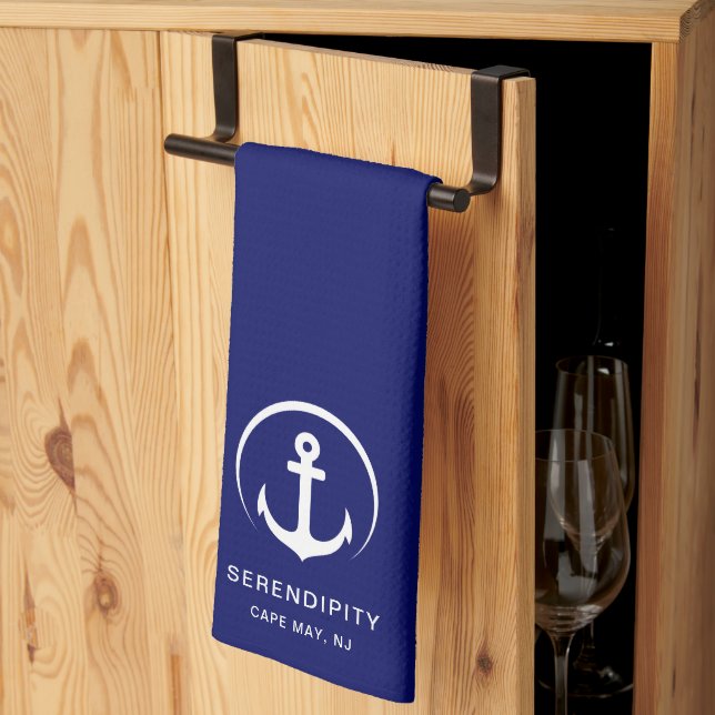 Modern Boat Anchor Monogram Navy Blue Tea Towel (Thirds Fold)