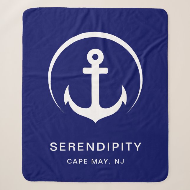 Modern Boat Monogram Navy Blue Sherpa Blanket (Front)