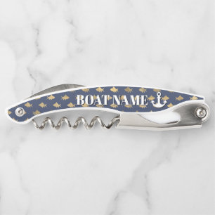 Modern Boat Name Anchor Blue Gold Fish Nautical Corkscrew