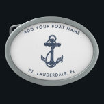 Modern Boat Name Navy Blue Anchor Custom Belt Buckle<br><div class="desc">Add your boat or captain's name and location by clicking the "Personalise" button. Set sail in style with our custom nautical-themed boating swag, the ultimate companion for your maritime adventures. This belt buckle boasts a cute design inspired by the ocean's wonders, featuring classic maritime motifs such as an anchor and...</div>