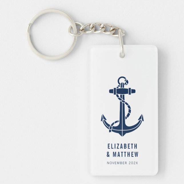 Modern Boat Navy Blue Anchor Beach Wedding Custom Key Ring (Front)