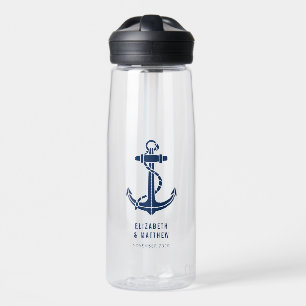 Modern Boat Navy Blue Anchor Beach Wedding Custom Water Bottle