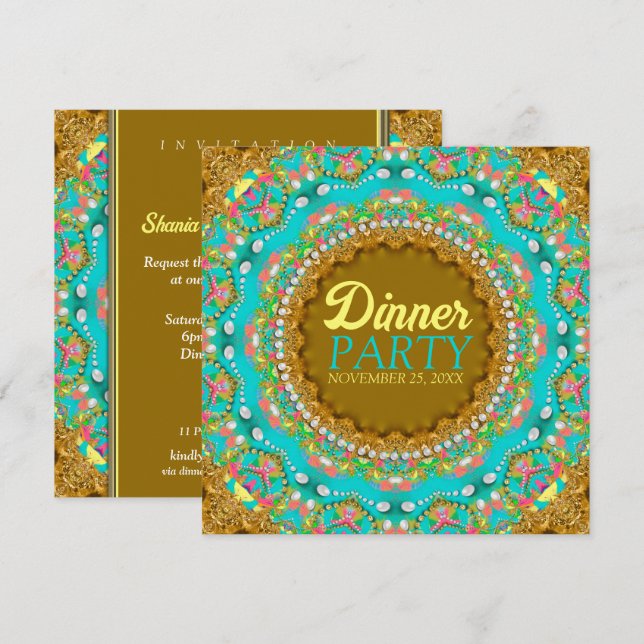 Modern Bohemian Aqua Gold Dinner Party Invitation (Front/Back)