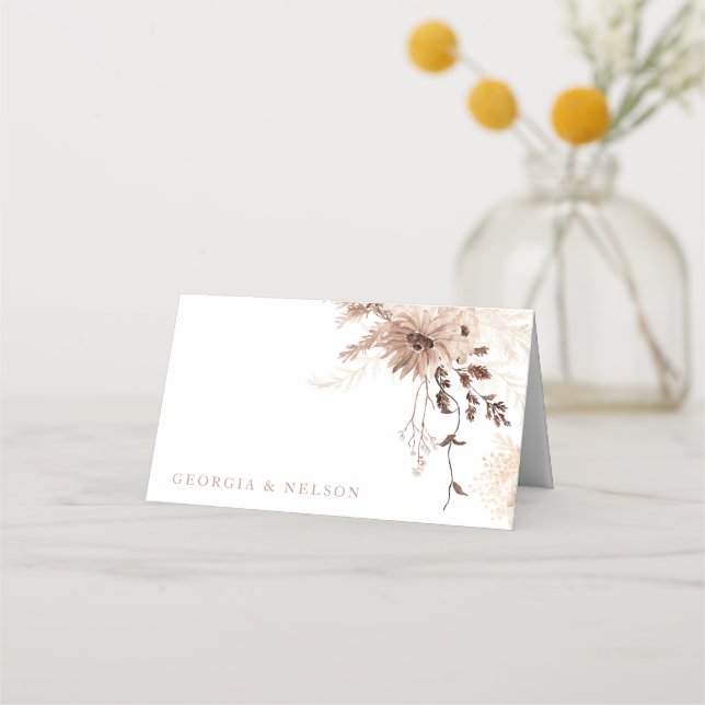 Modern Bohemian Beige Floral Wedding Place Card (Front)