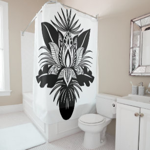 Modern Bohemian Black White Tropical Lotus Leaf Shower Curtain