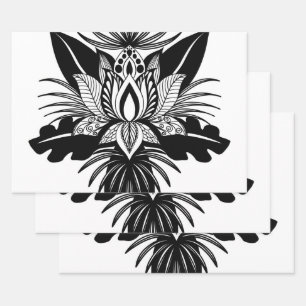 Modern Bohemian Black White Tropical Lotus Leaf Wrapping Paper Sheet