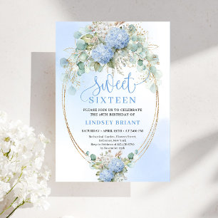 Modern Bohemian Blue Floral Gold Sweet 16 Birthday Invitation