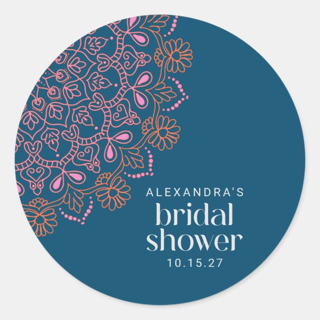 Modern Bohemian Blue Mandala Bridal Shower Custom Classic Round Sticker (Front)