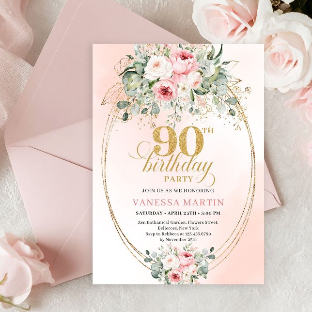 Modern Bohemian Blush Floral 90th Birthday Invite (Elegant Blush Rose Greenery 90th Birthday Invitation)