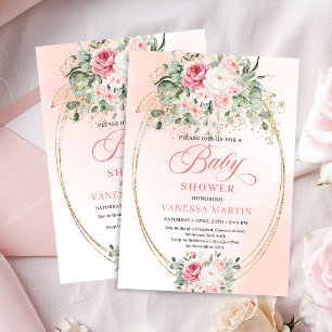 Modern Bohemian Blush Floral Gold Baby Shower Invitation