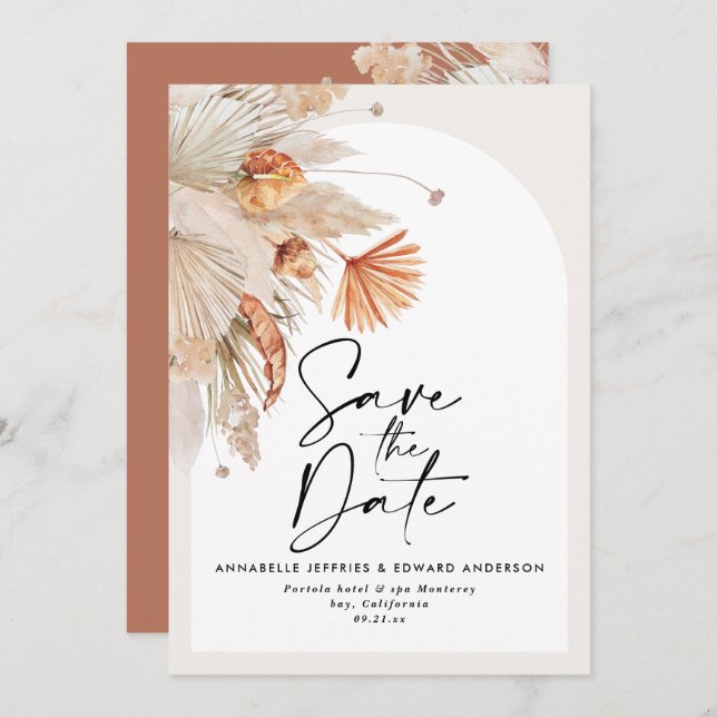 Modern bohemian botanical terracotta pampas grass save the date (Front/Back)