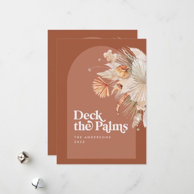 Modern, bohemian dried botanical palm Christmas Ho Holiday Card (Front/Back In Situ)