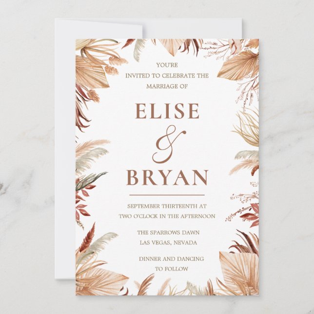 Modern Bohemian Dried Leaves & Floral Wedding  Invitation (Front)