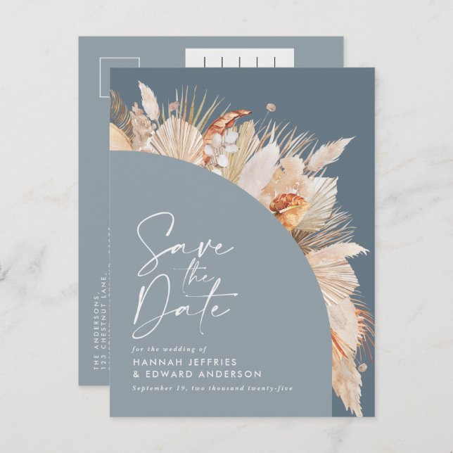 Modern bohemian dusty blue pampas grass photo  ann announcement postcard (Front/Back)