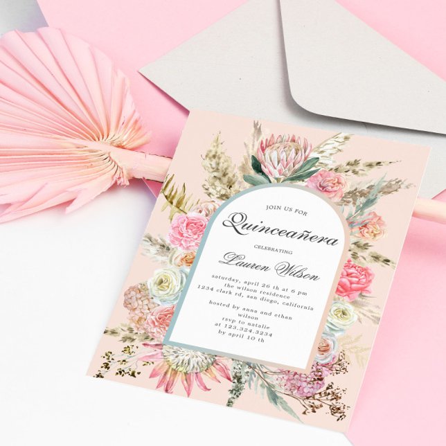 modern bohemian floral quinceanera photo card (Creator Uploaded)