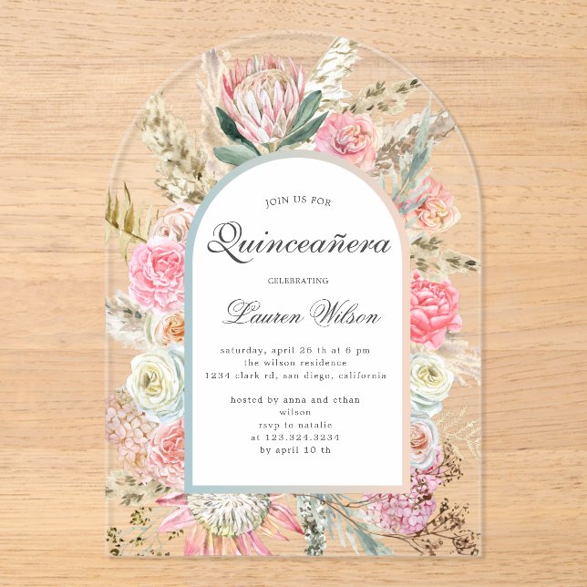 modern bohemian floral quinceanera photo card acrylic invitations (Front)