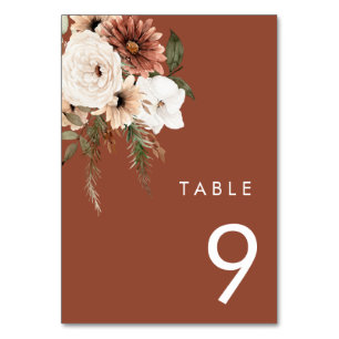 Modern Bohemian Floral Terracotta Wedding Table Number