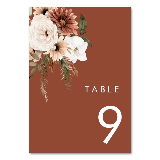 Modern Bohemian Floral Terracotta Wedding Table Number (Front)