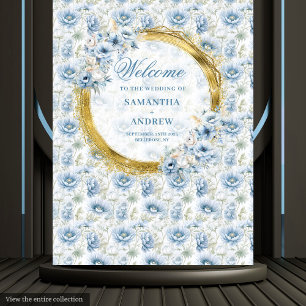 Modern Bohemian Light Blue Gold Wedding Backdrop Tapestry