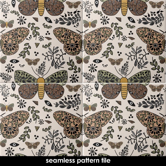 Modern Bohemian Moth Abstract Seamless Pattern Tile (Modern Bohemian Moth Abstract Seamless Pattern Ceramic Tile)