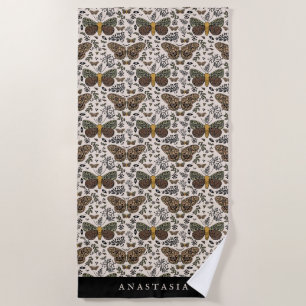 Modern Bohemian Moth Wildflowers Abstract Pattern Beach Towel