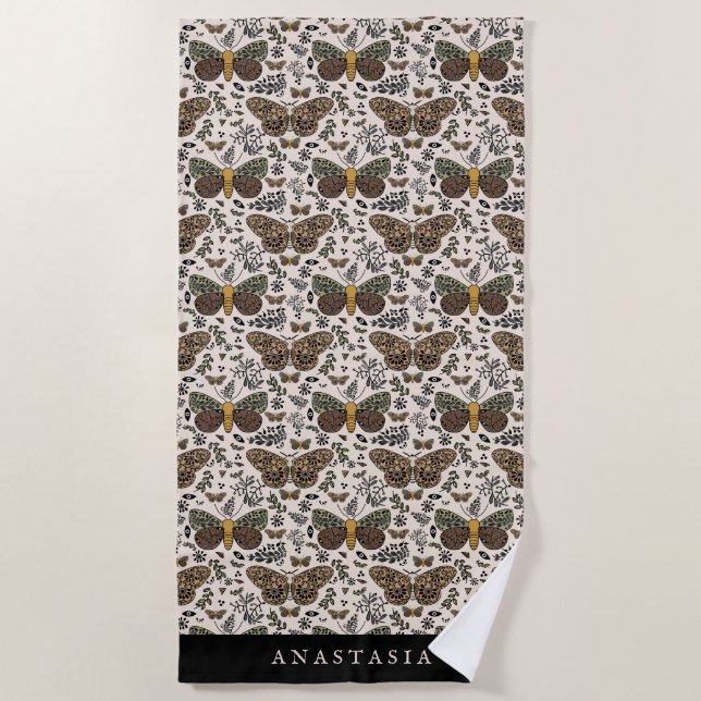 Modern Bohemian Moth Wildflowers Abstract Pattern Beach Towel (Front)