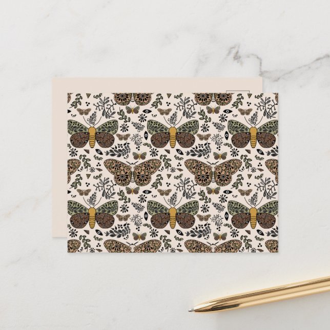 Modern Bohemian Moth Wildflowers Abstract Pattern Holiday Postcard (Front/Back In Situ)