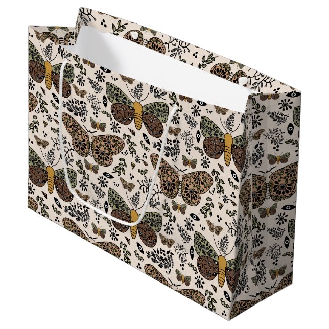 Modern Bohemian Moth Wildflowers Abstract Pattern Large Gift Bag (Front Angled)