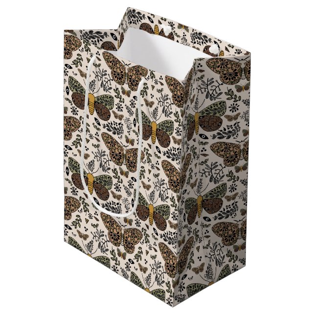 Modern Bohemian Moth Wildflowers Abstract Pattern Medium Gift Bag (Front Angled)