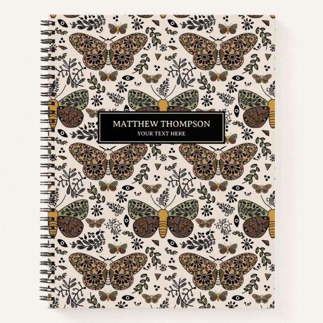 Modern Bohemian Moth Wildflowers Abstract Pattern Notebook (Front)