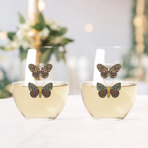 Modern Bohemian Moth Wildflowers Abstract Pattern Stemless Wine Glass