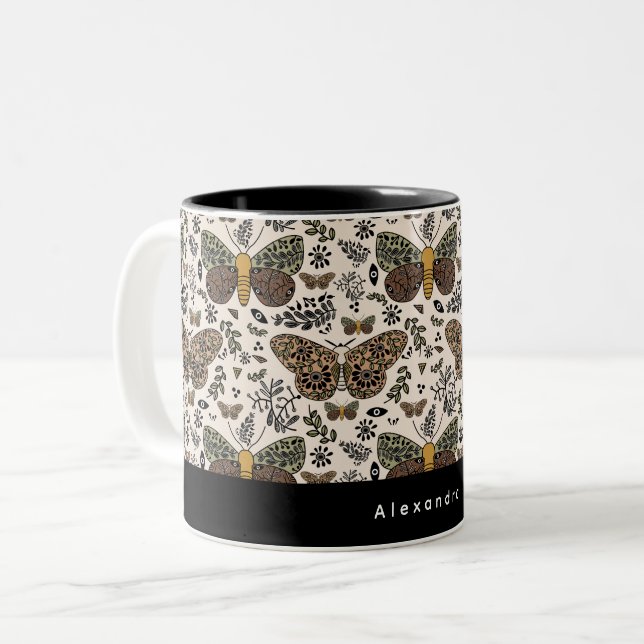 Modern Bohemian Moth Wildflowers Abstract Pattern Two-Tone Coffee Mug (Front Left)