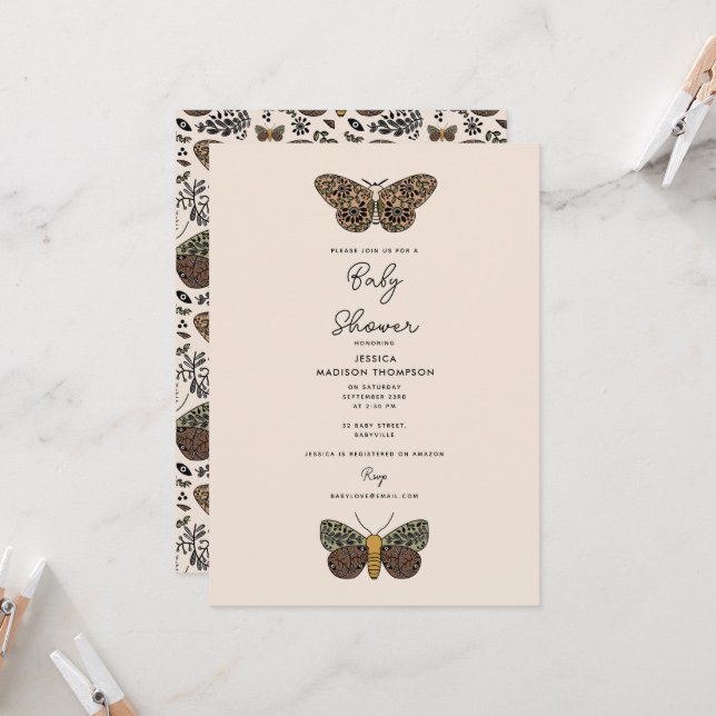 Modern Bohemian Moth Wildflowers Baby Shower Invitation (Front/Back In Situ)