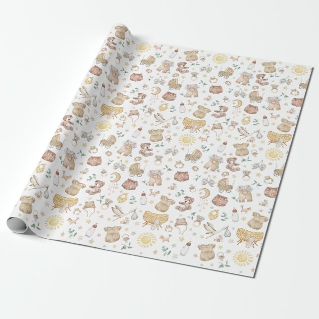 Modern Bohemian Muted Baby Clothes Toys Nursery Wrapping Paper (Unrolled)