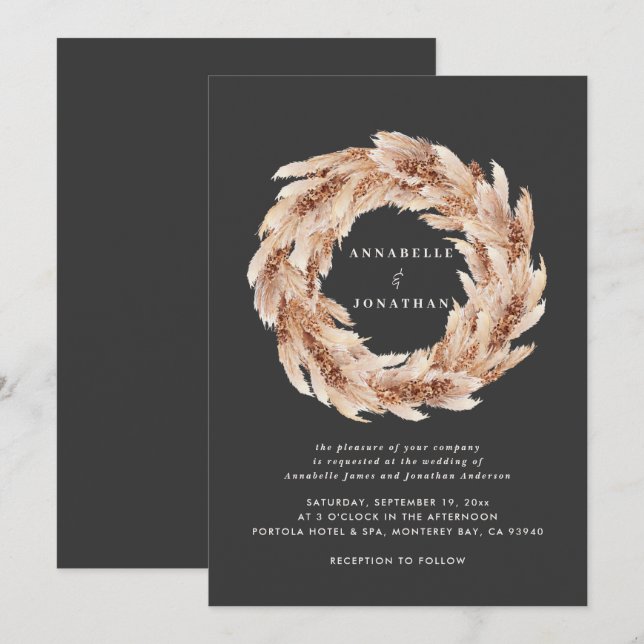 Modern bohemian natural black pampas grass wedding invitation (Front/Back)