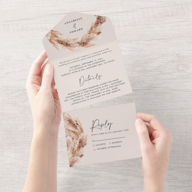 Modern bohemian natural pampas grass wedding all in one invitation (Tearaway)