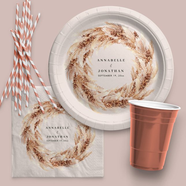 Modern bohemian natural pampas grass wedding  paper plate (Creator Uploaded)